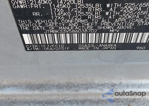 2008 Toyota Rav4 Base V6 from USA, damaged, VIN JTMBK33V586038702